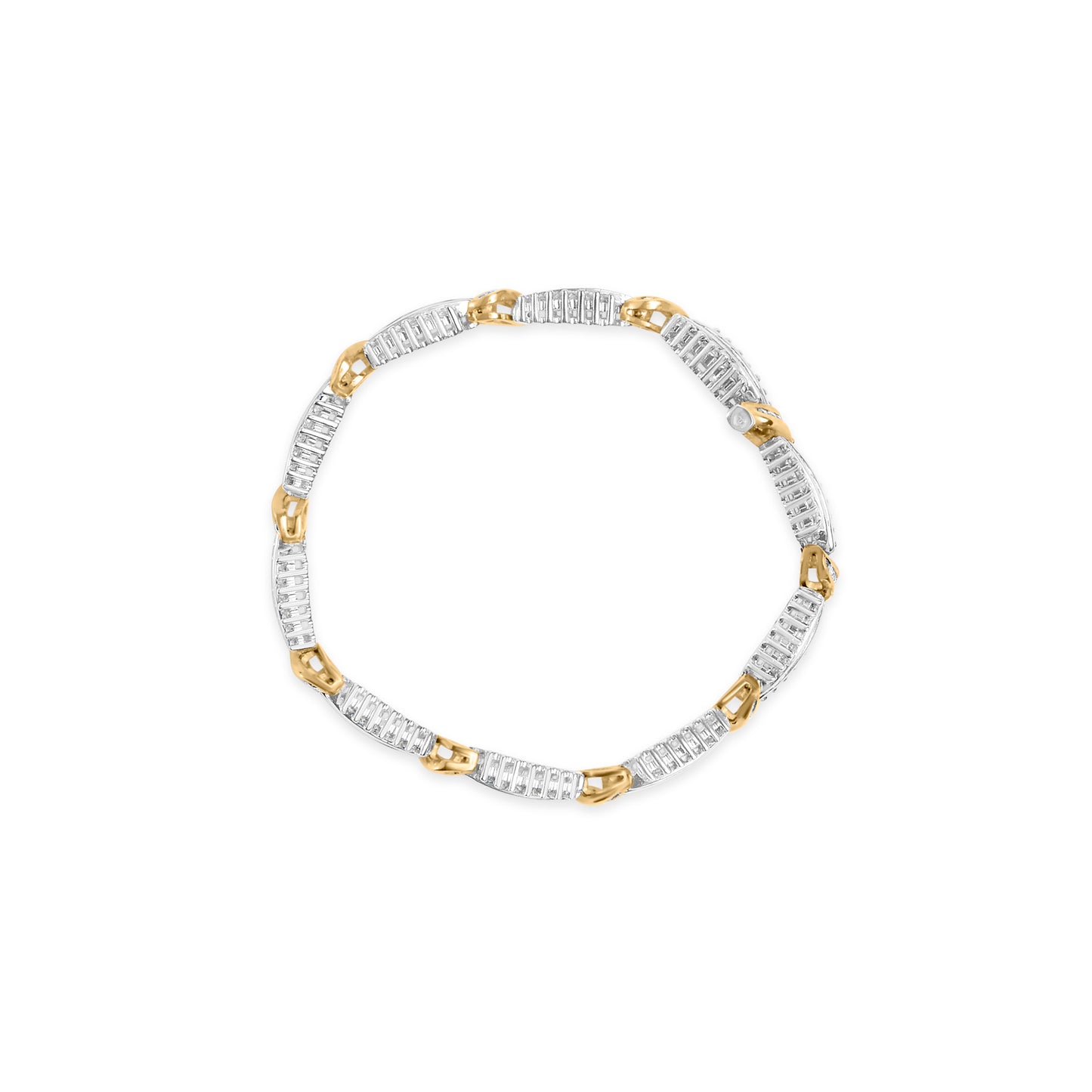 Top-down view of a round bracelet featuring alternating yellow and white metal links; the white links are set with channel-set baguette-shaped white gemstones and the yellow links hold prong-set round white gemstones.