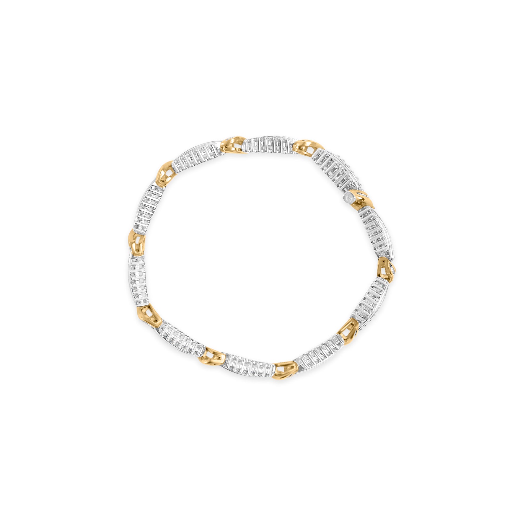Top-down view of a round bracelet featuring alternating yellow and white metal links; the white links are set with channel-set baguette-shaped white gemstones and the yellow links hold prong-set round white gemstones.