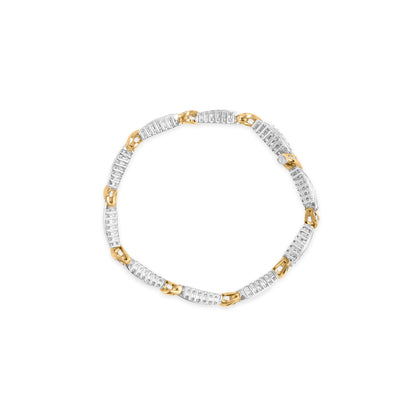 Top-down view of a round bracelet featuring alternating yellow and white metal links; the white links are set with channel-set baguette-shaped white gemstones and the yellow links hold prong-set round white gemstones.