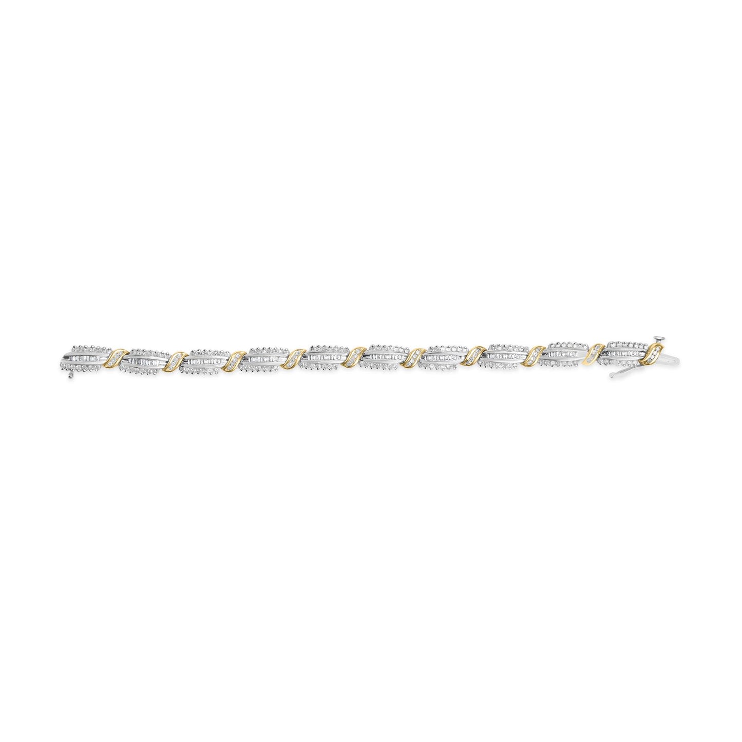Bracelet shown from a top view, featuring alternating yellow and white metal sections with round white gemstones in prong settings and baguette white gemstones in channel settings.