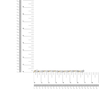 Bracelet with alternating link design in yellow and white metal colors, embellished with round white gemstones in prong settings and baguette white gemstones in channel settings, shown on a scale from a top flat angle.