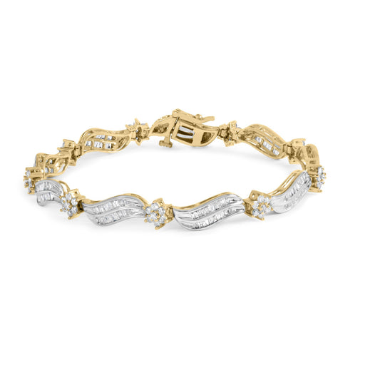 Bracelet with alternating yellow and white metal sections, featuring rows of white baguette gemstones set in channels and clusters of round white gemstones in prong settings, shown in a slightly angled top view.