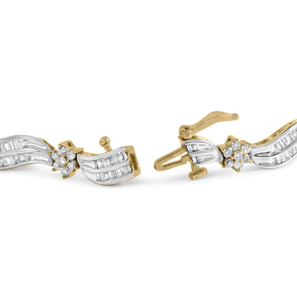 Close-up of a bracelet with yellow and white metal featuring rows of baguette-shaped white gemstones in channel settings and clusters of round-shaped white gemstones in prong settings, shown from the side angle.