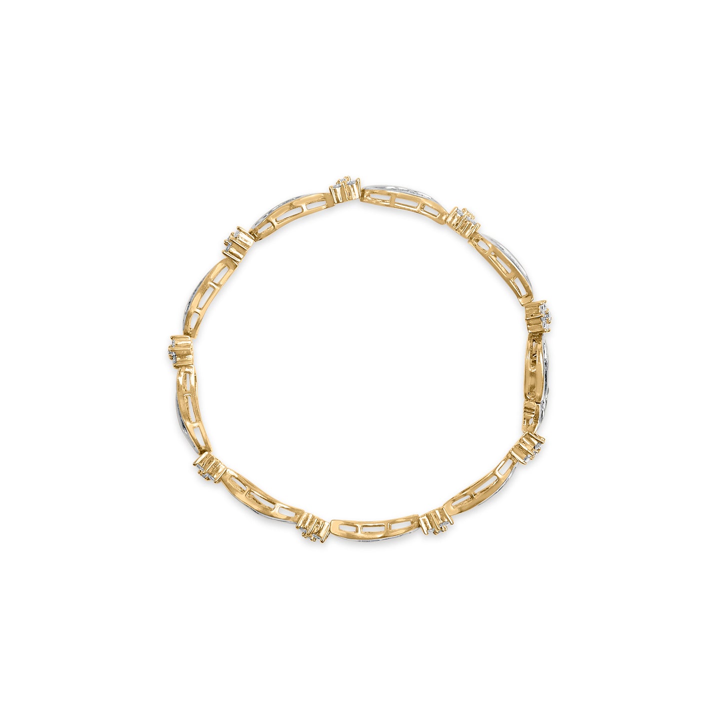 Top view of a bracelet with alternating yellow and white metal links, decorated with round white gemstones in prong settings and baguette white gemstones in channel settings.