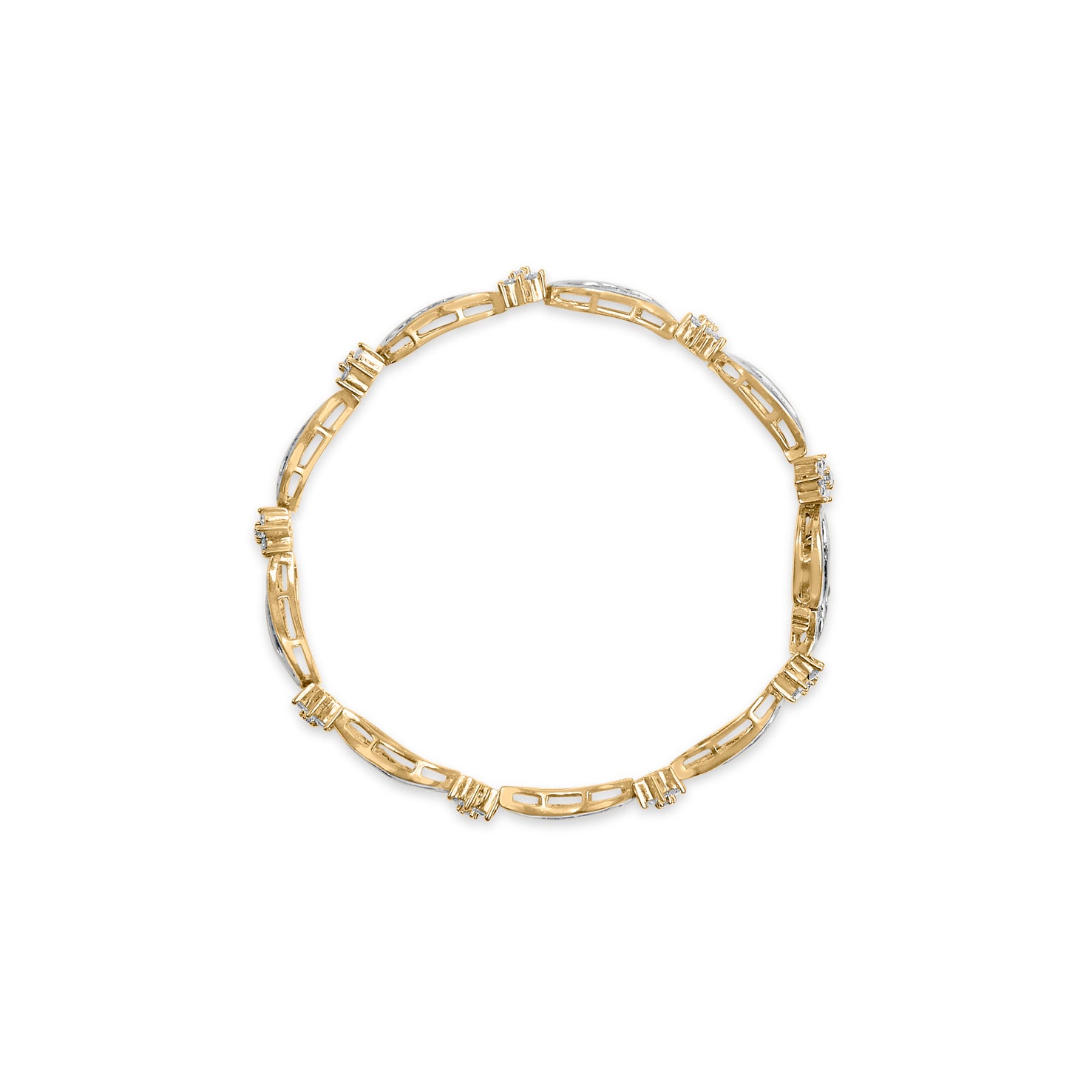 Top view of a bracelet with alternating yellow and white metal links, decorated with round white gemstones in prong settings and baguette white gemstones in channel settings.