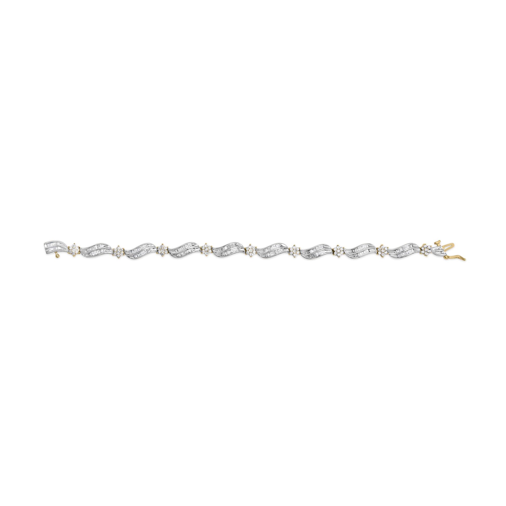 Close-up front view of yellow and white metal bracelet with round prong-set white gemstones arranged in floral clusters alternating with wavy sections of channel-set baguette white gemstones, shown against a white background.