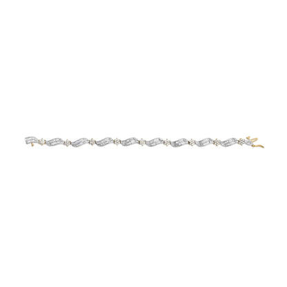 Close-up front view of yellow and white metal bracelet with round prong-set white gemstones arranged in floral clusters alternating with wavy sections of channel-set baguette white gemstones, shown against a white background.