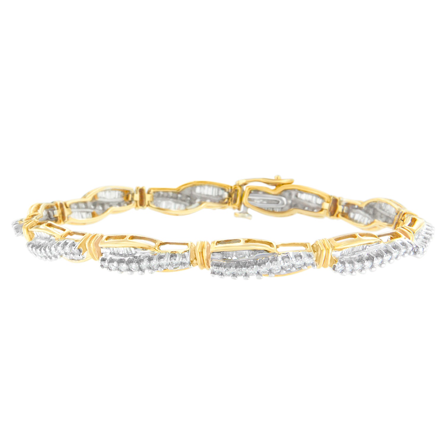 Yellow metal bracelet with alternating rows of round prong-set white gemstones and baguette channel-set white gemstones, shown in a straight-on angle.