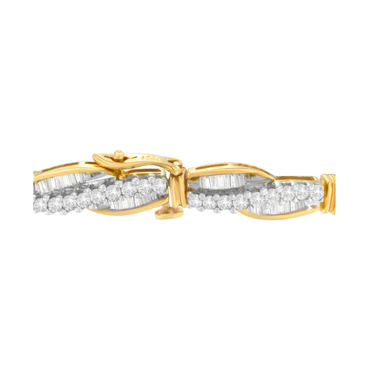 Close-up side view of a yellow metal bracelet featuring rows of round white gemstones in prong settings and baguette white gemstones in channel settings.