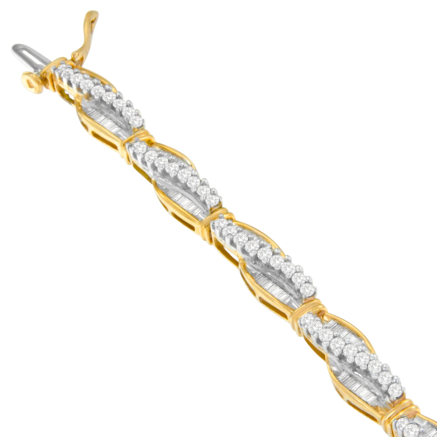 Yellow metal bracelet with alternating rows of round white gemstones in prong setting and baguette white gemstones in channel setting, shown at an angle.