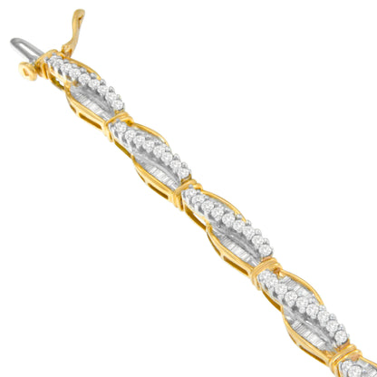 Yellow metal bracelet with alternating rows of round white gemstones in prong setting and baguette white gemstones in channel setting, shown at an angle.
