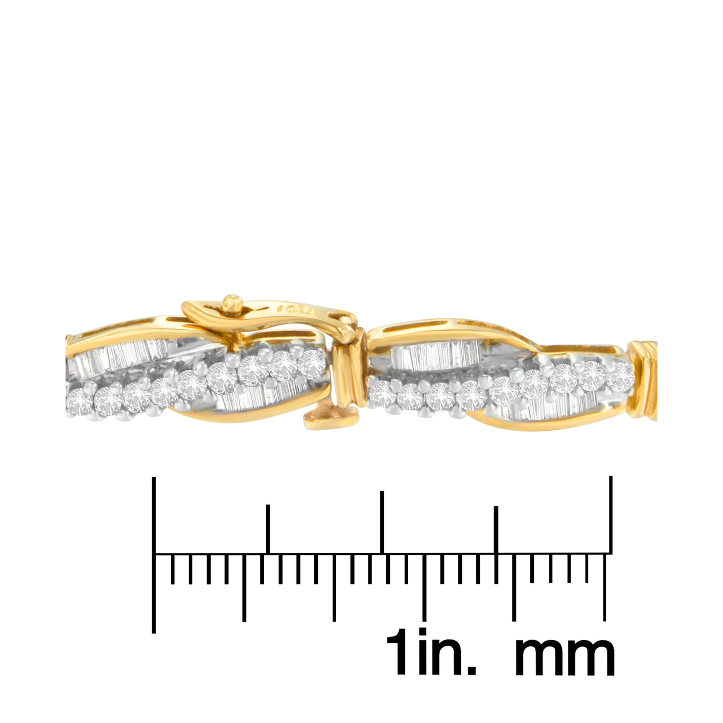 Close-up side view of a yellow metal bracelet with rows of round and baguette shaped white gemstones, shown on a ruler for size reference.