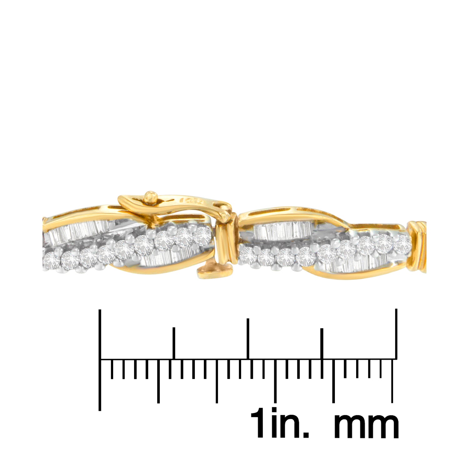 Close-up side view of a yellow metal bracelet with rows of round and baguette shaped white gemstones, shown on a ruler for size reference.