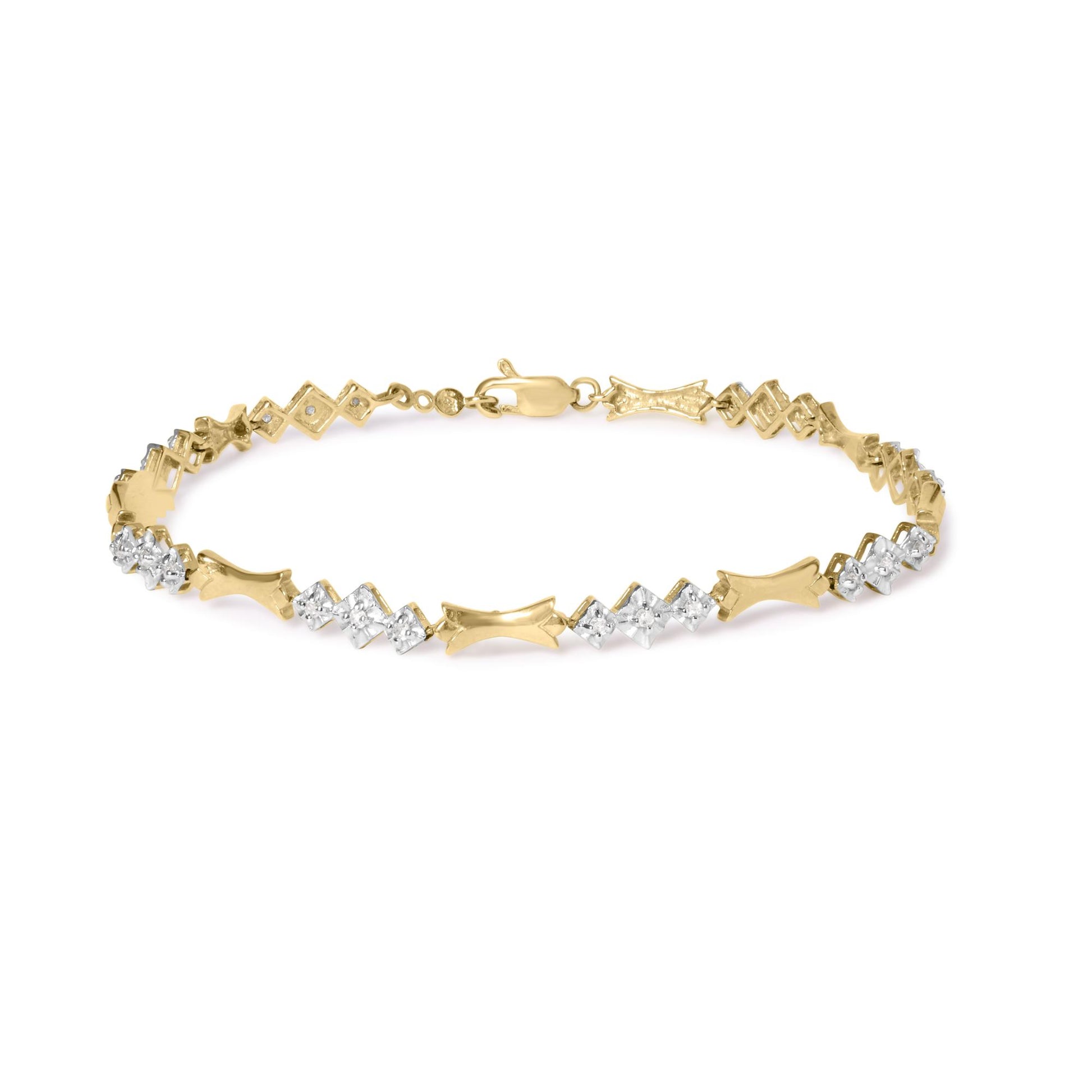 Close-up front angle of a yellow and white metal bracelet with round white gemstones in miracle settings.