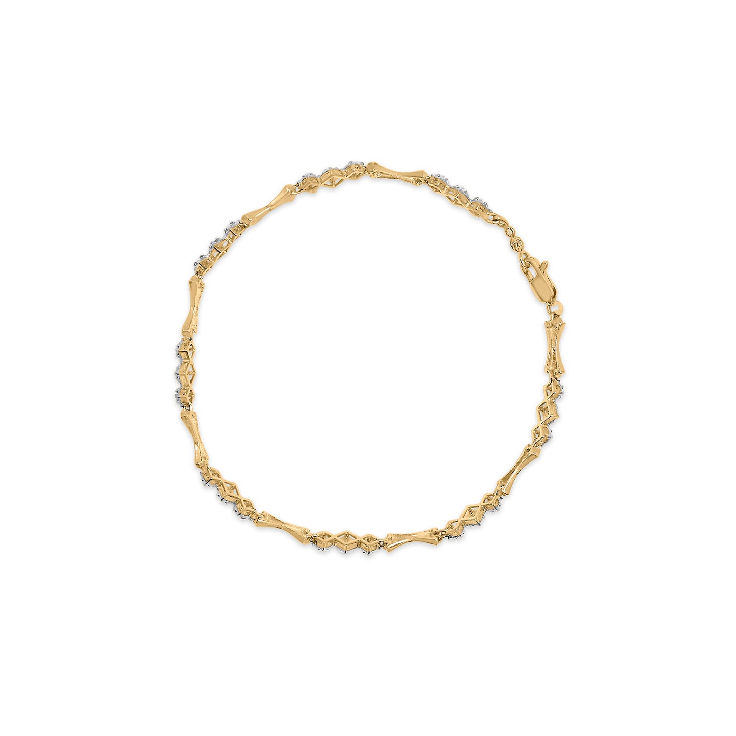 Top-down view of a bracelet with alternating yellow and white metal sections, accented with small white round gemstones set in a miracle setting.