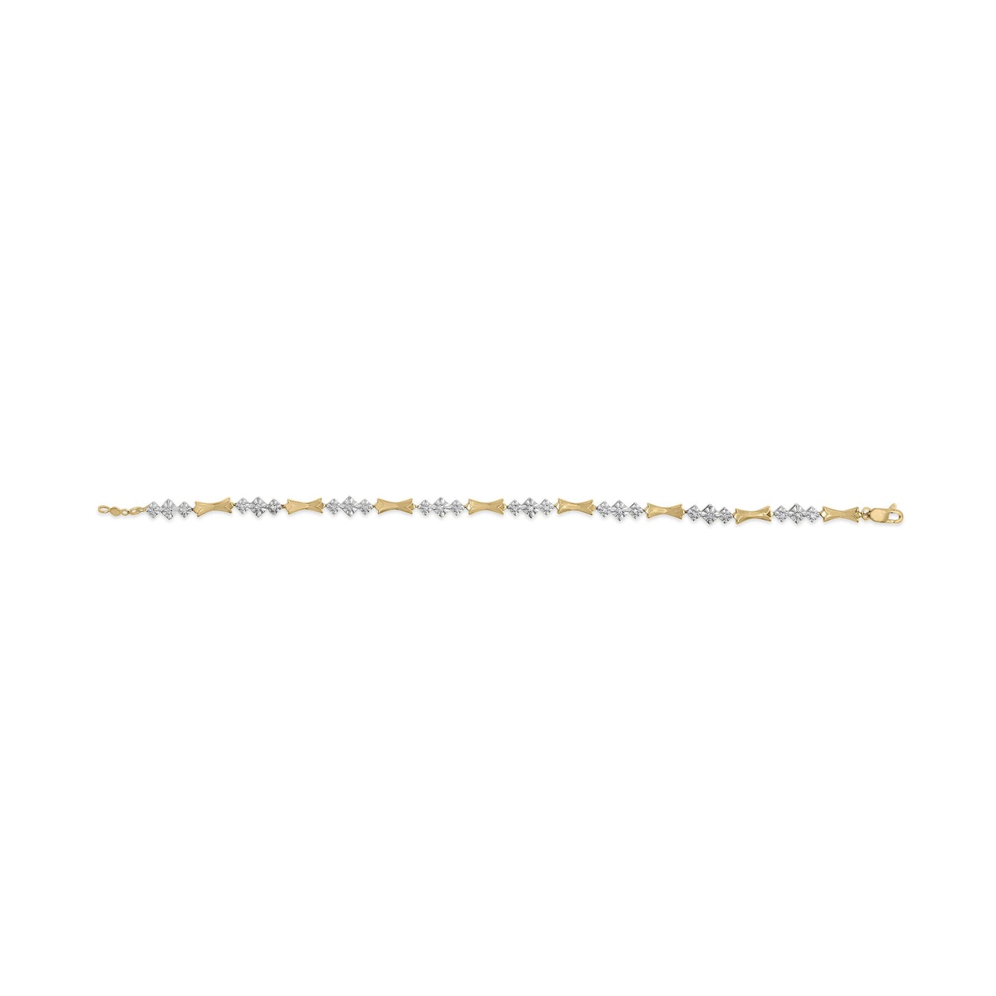 Top view of a yellow and white metal bracelet with alternating rectangular yellow metal links and clusters of round white gemstones set in a miracle setting.