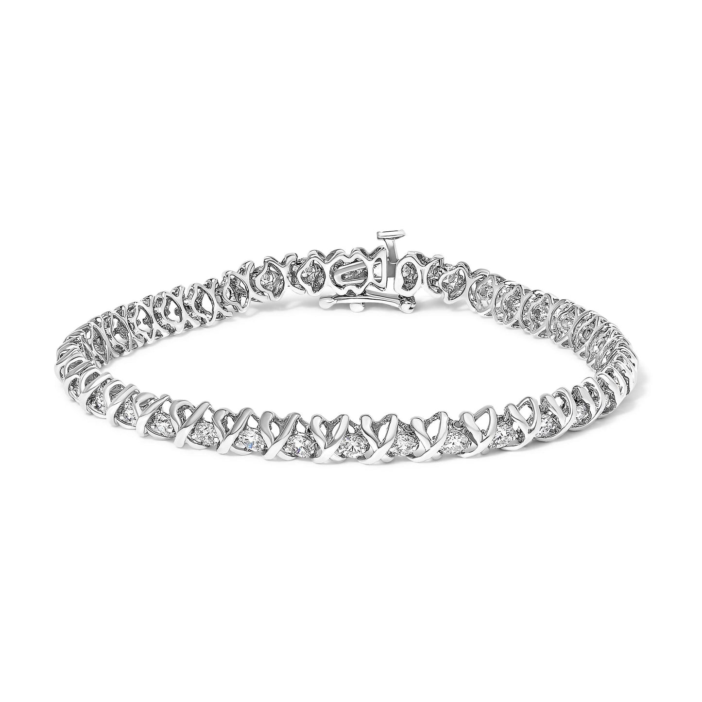 White metal bracelet with round white gemstones in 2-prong settings, displayed in a front-facing angle, showing the clasp.