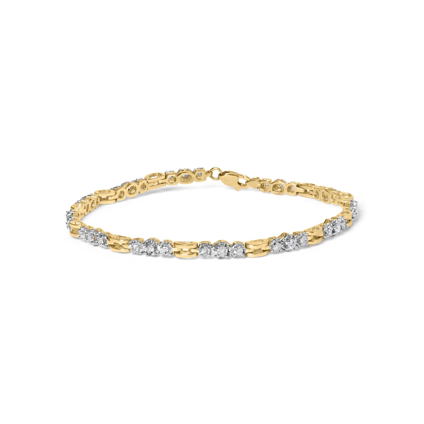Bracelet with alternating yellow and white metal links, set with round white gemstones in prong settings, shown from a front angled view.