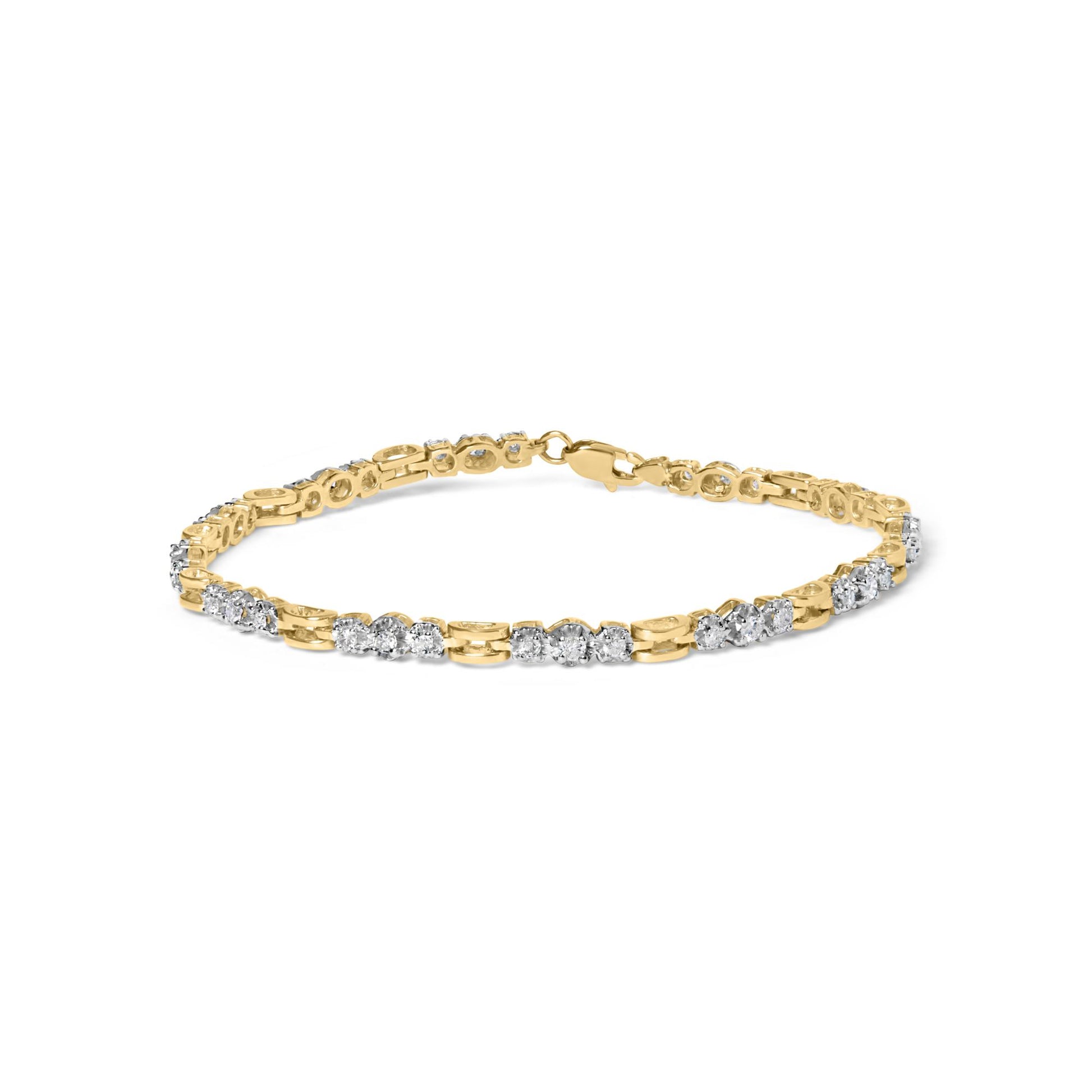 Bracelet with alternating yellow and white metal links, set with round white gemstones in prong settings, shown from a front angled view.