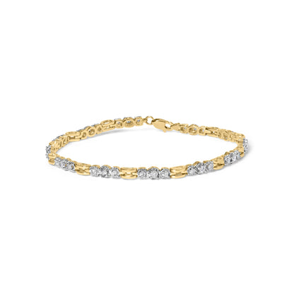 Bracelet with alternating yellow and white metal links, set with round white gemstones in prong settings, shown from a front angled view.