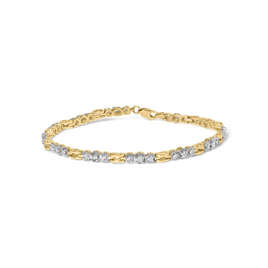 Bracelet with alternating yellow and white metal links, set with round white gemstones in prong settings, shown from a front angled view.