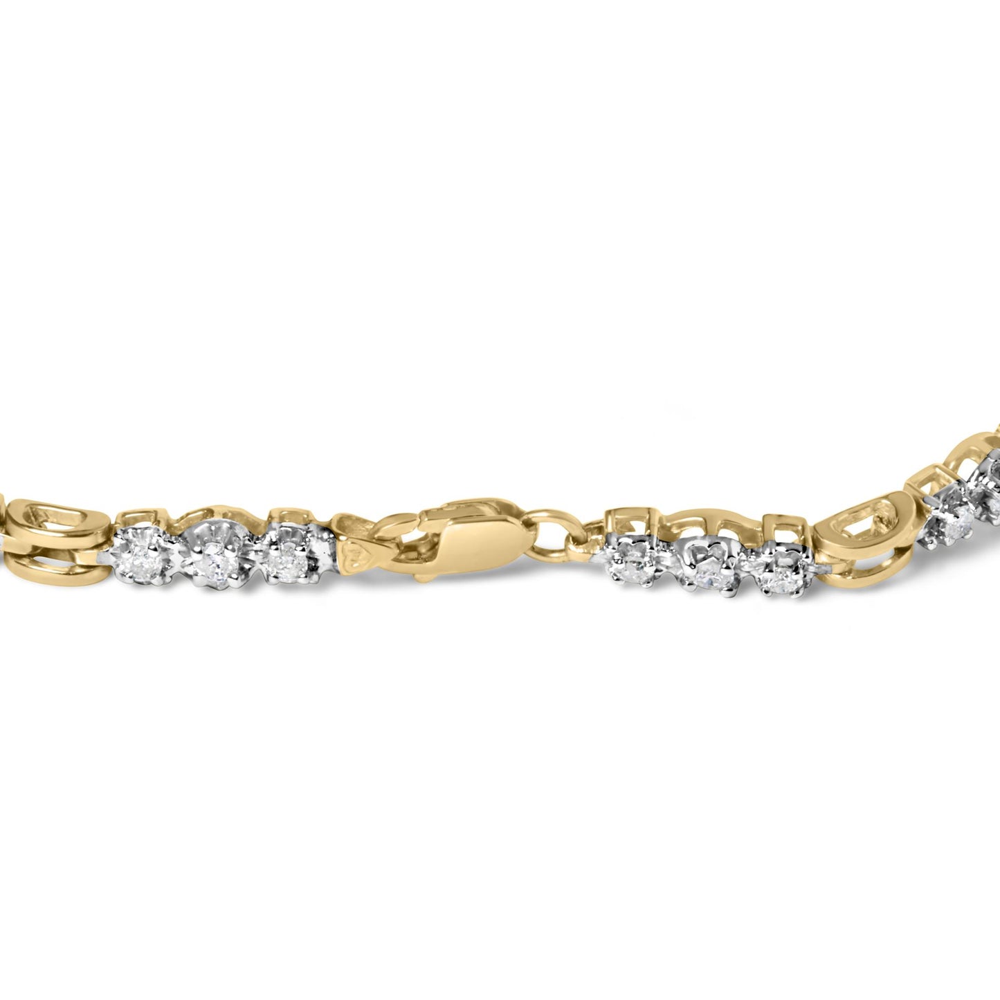 Close-up side angle of a yellow and white metal bracelet with round white gemstones in prong settings along the band, featuring a clasp closure.