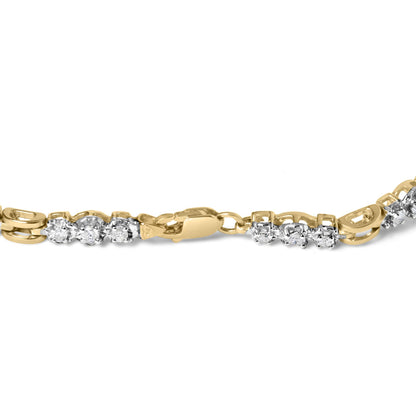 Close-up side angle of a yellow and white metal bracelet with round white gemstones in prong settings along the band, featuring a clasp closure.