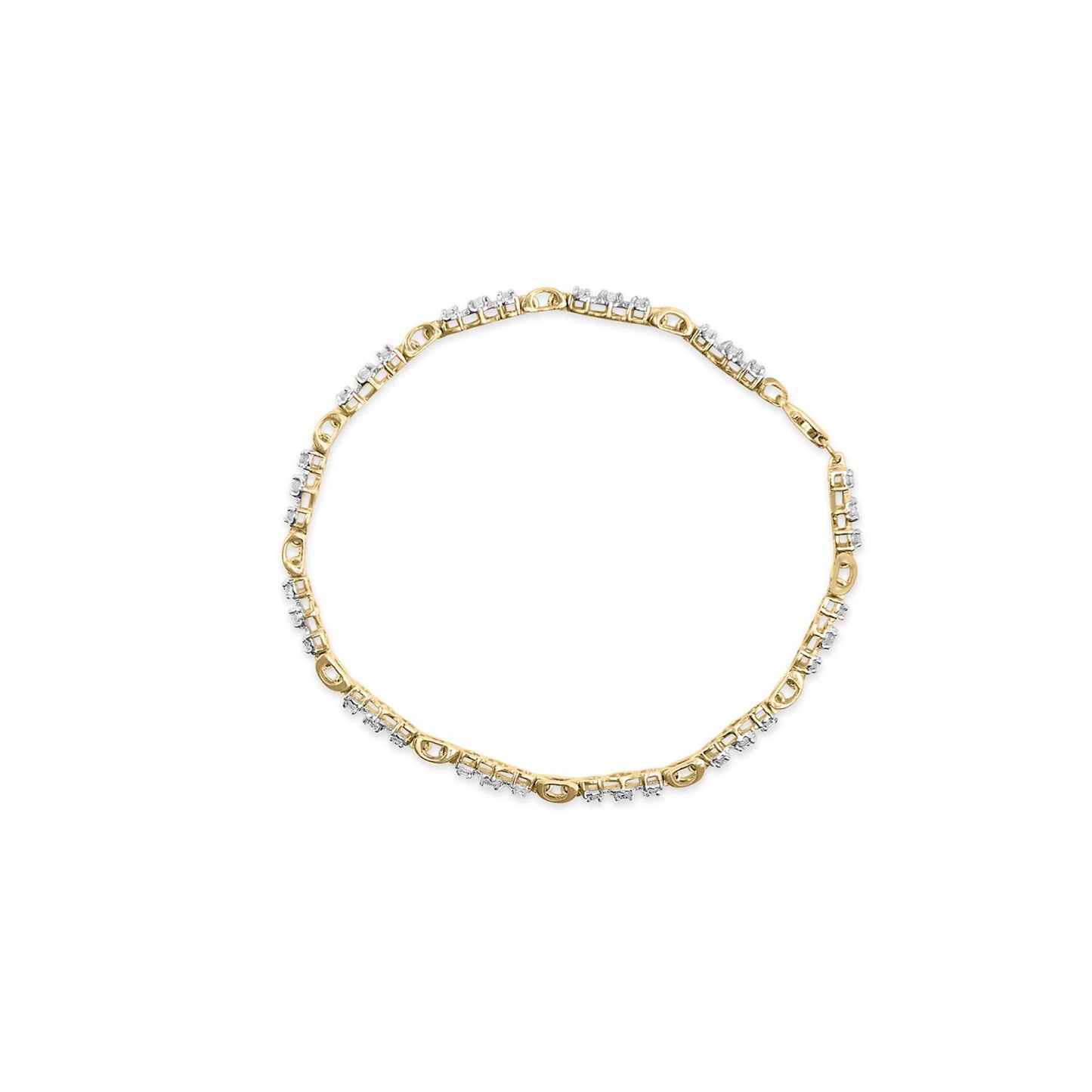Top view of a yellow and white metal bracelet with round white gemstones in prong settings arranged along the band.