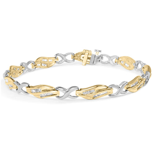 Yellow and white metal bracelet with alternating curved links featuring channel set white baguette-shaped gemstones, shown in a front-facing angled view.