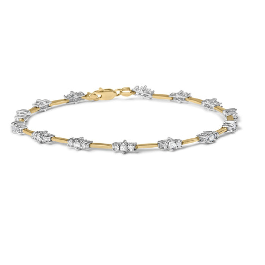 Yellow bracelet with alternating clusters of white round gemstones in prong settings, shown in a front angled close-up.