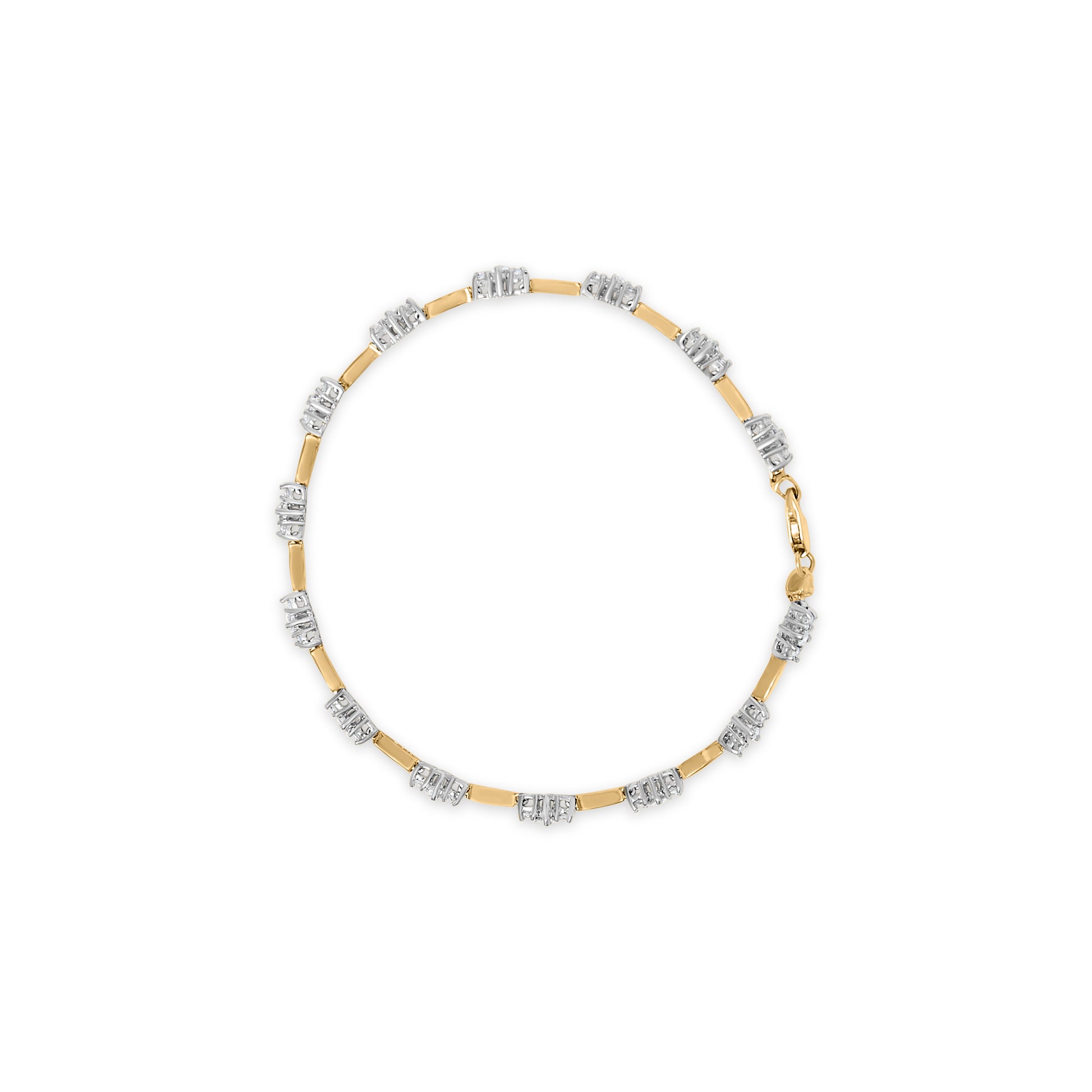 Top-down view of a yellow metal bracelet featuring alternating segments with clusters of small white round gemstones in prong settings.