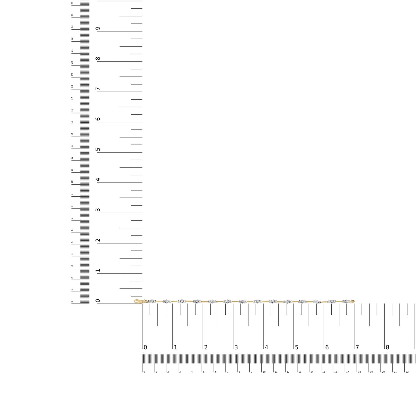 Yellow metal bracelet with round white gemstones in prong settings, displayed flat on a ruler for size reference, overhead angle.