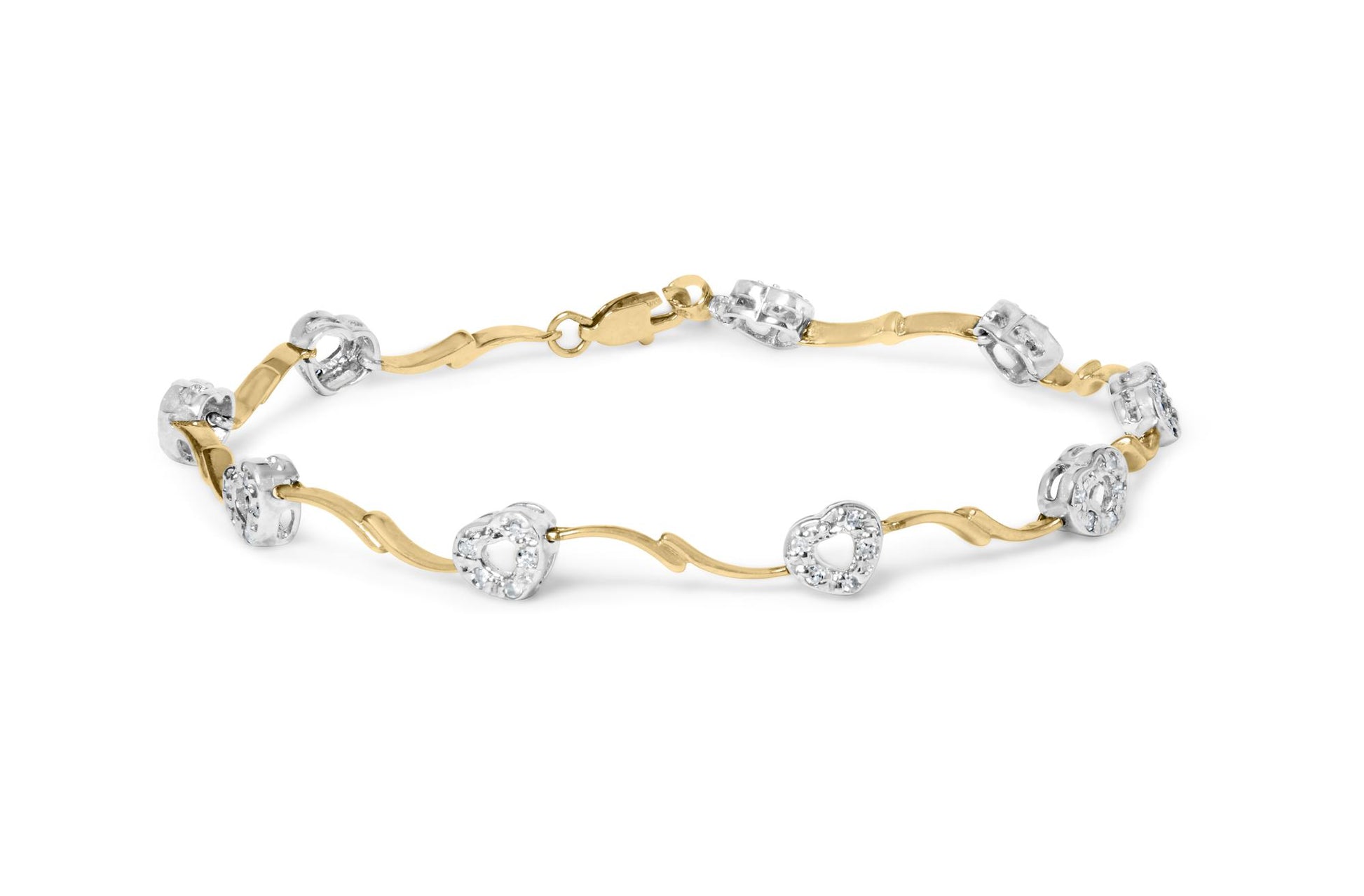 Bracelet with alternating yellow and white metal links featuring round white gemstones in prong settings, shown at a slight top angle on a white background.