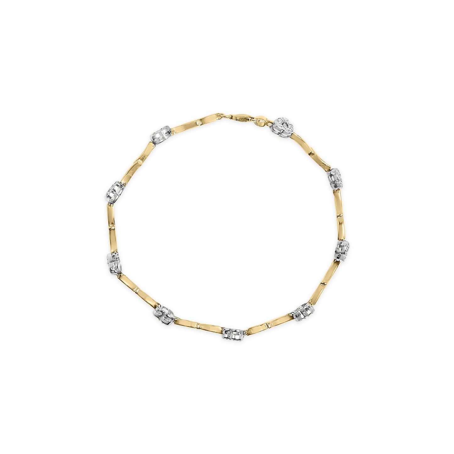 Top-down view of a yellow and white bracelet with alternating smooth yellow links and white segments set with round white gemstones.