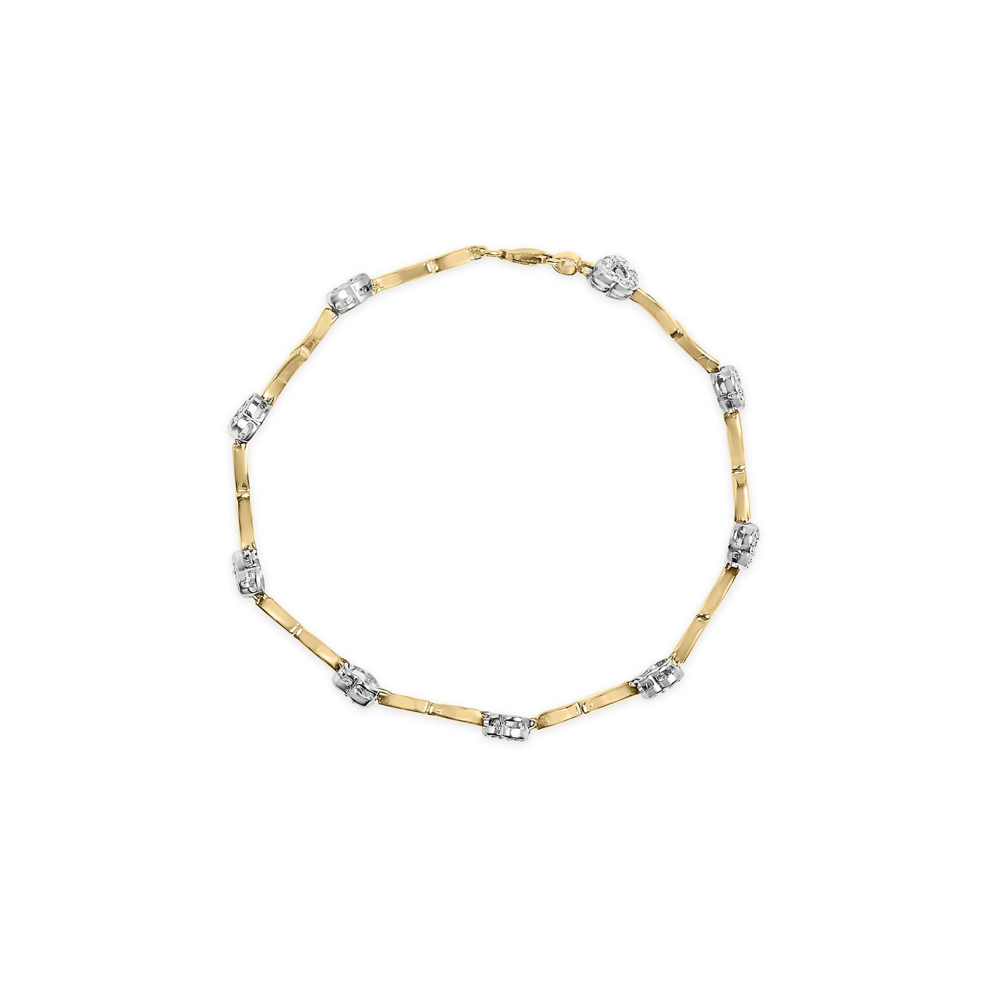Top-down view of a yellow and white bracelet with alternating smooth yellow links and white segments set with round white gemstones.