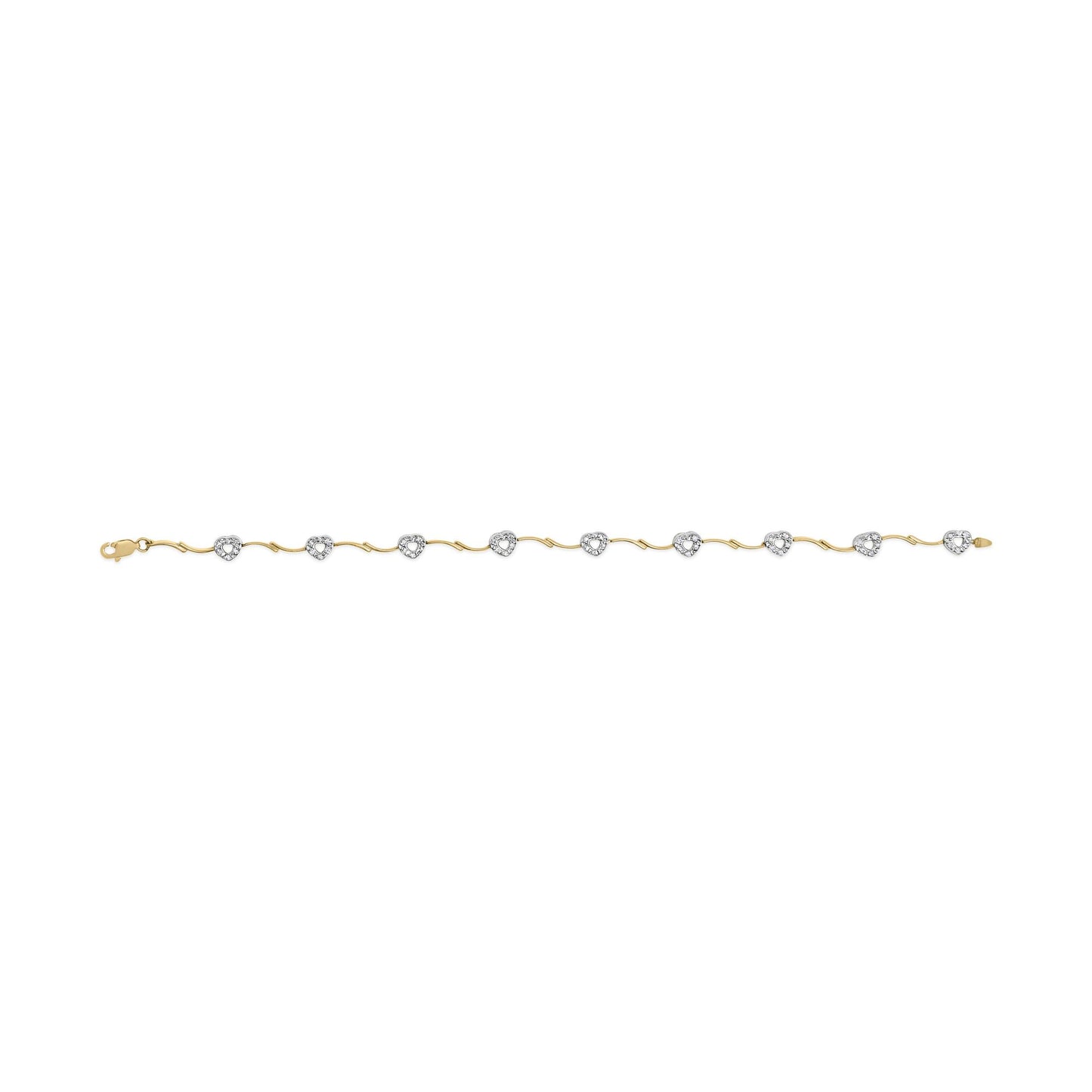 Bracelet with yellow and white metal featuring heart-shaped links adorned with white round gemstones in prong settings, shown from a top view on a white background.