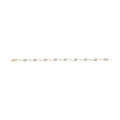 Bracelet with yellow and white metal featuring heart-shaped links adorned with white round gemstones in prong settings, shown from a top view on a white background.