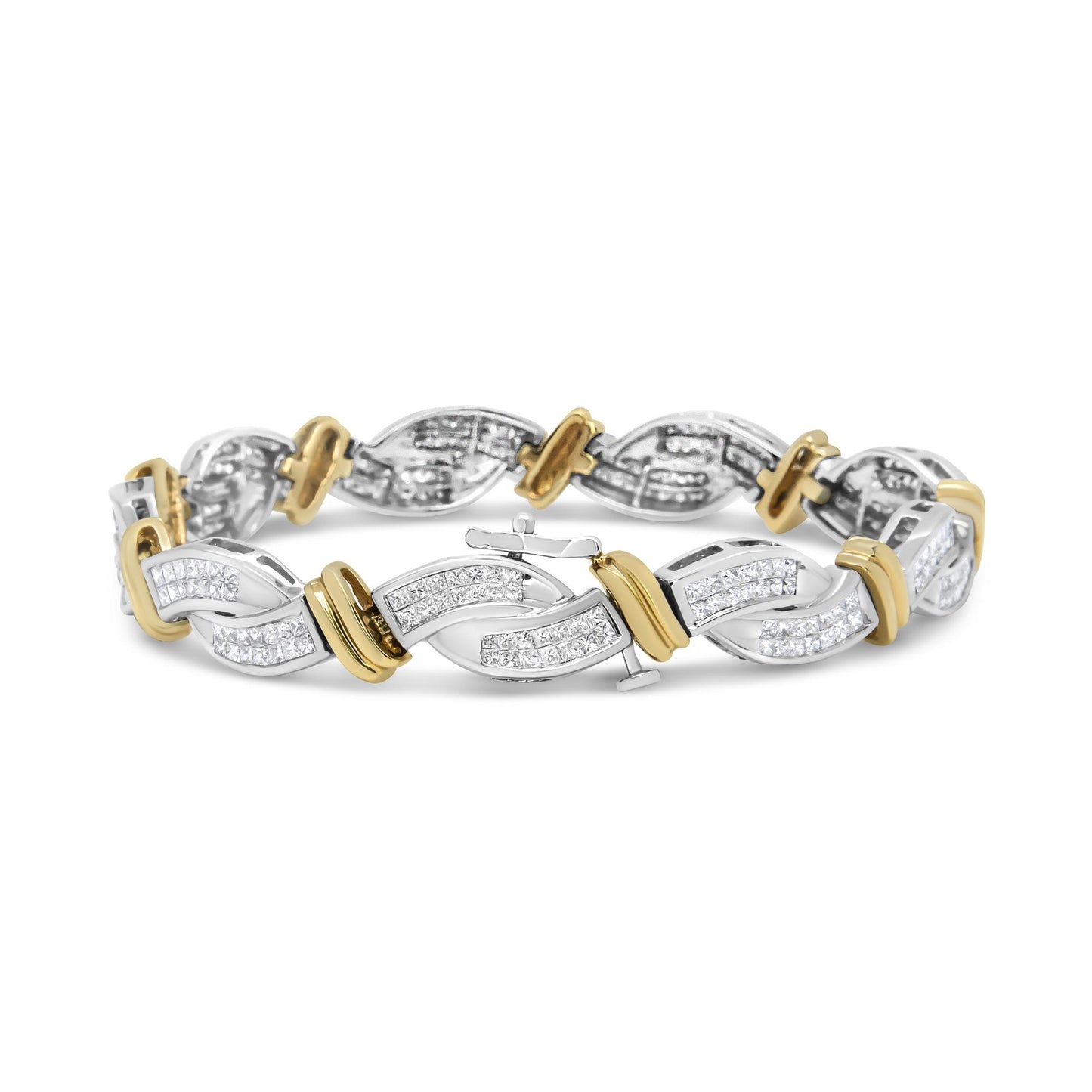 Close-up front view of a yellow and white metal bracelet with interlocking links, white gemstones in princess shape with invisible settings, and gold accents.
