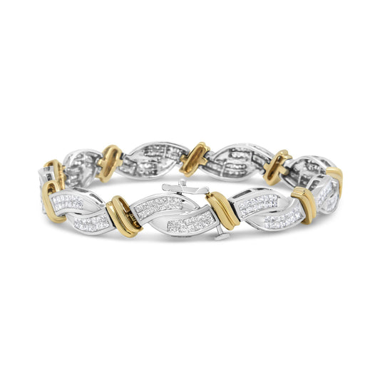 Close-up front view of a yellow and white metal bracelet with interlocking links, white gemstones in princess shape with invisible settings, and gold accents.