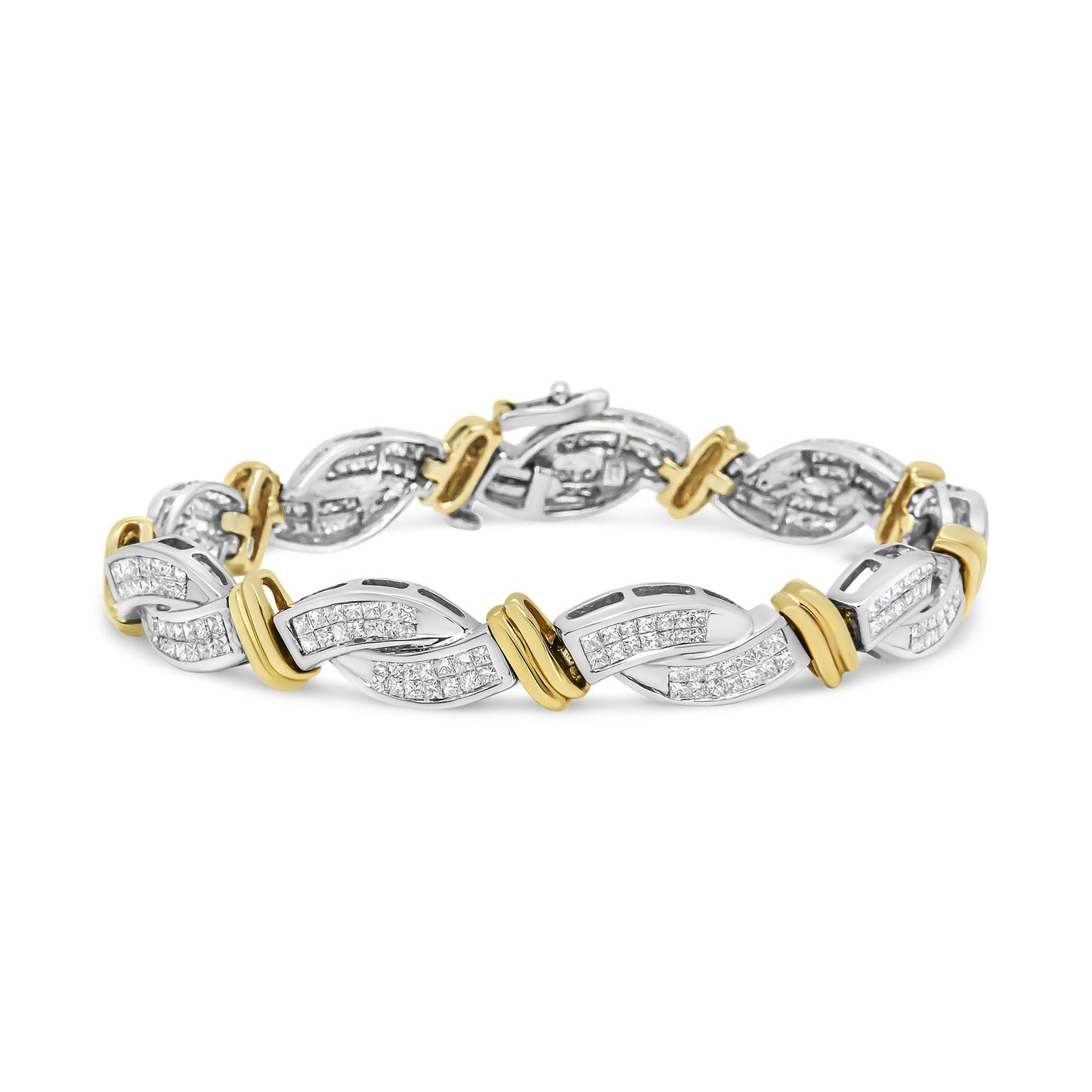 Yellow and white metal bracelet with interlocking curved links, each set with multiple white princess-shaped gemstones, shown in a front-facing angle.