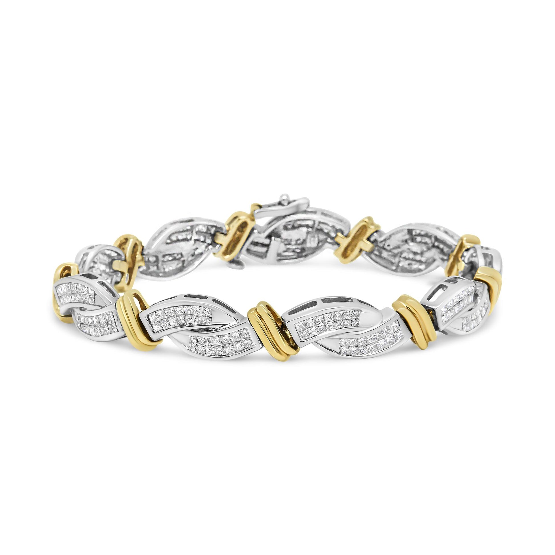 Yellow and white metal bracelet with interlocking curved links, each set with multiple white princess-shaped gemstones, shown in a front-facing angle.