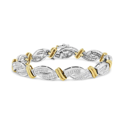Yellow and white metal bracelet with interlocking curved links, each set with multiple white princess-shaped gemstones, shown in a front-facing angle.