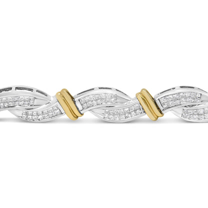 Close-up front view of a bracelet with alternating yellow and white metal links, featuring rows of white princess-shaped gemstones in an invisible setting.