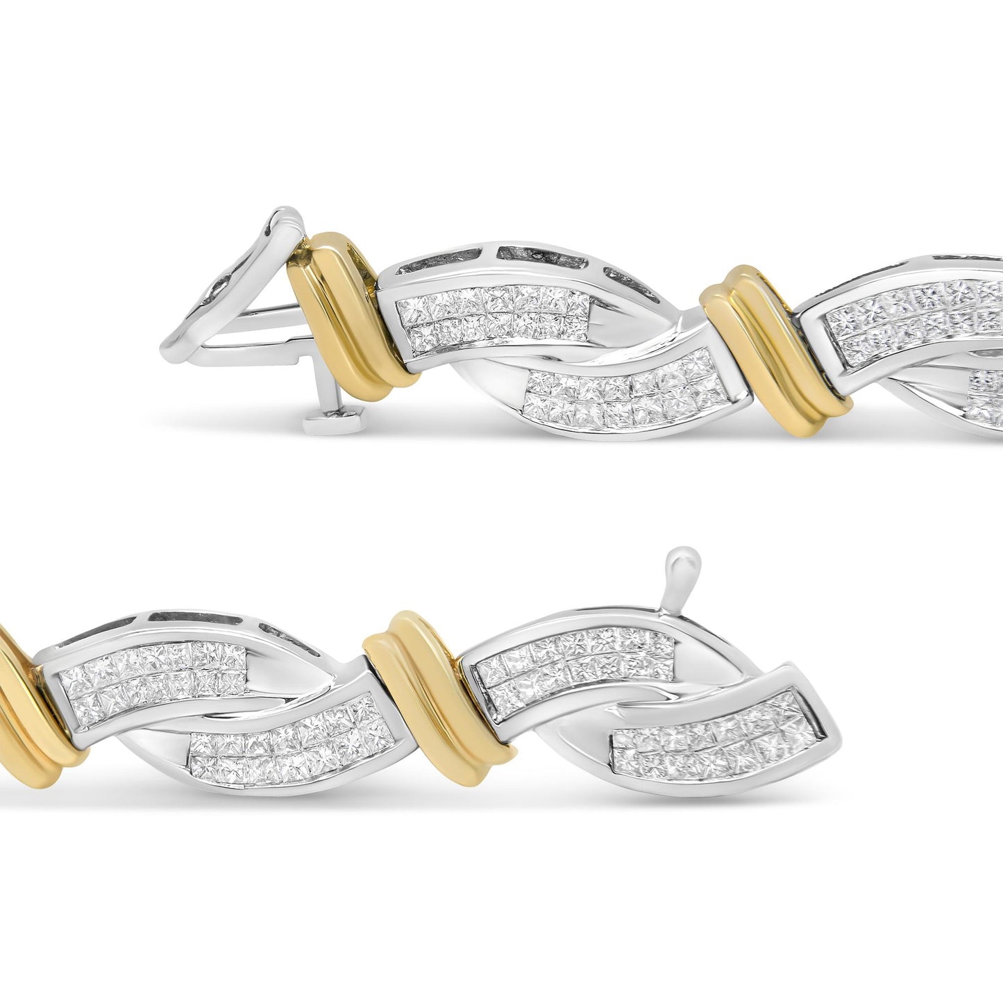 Close-up side angle of a two-tone yellow and white metal bracelet featuring a twisted design with sections of square white gemstones in an invisible setting.