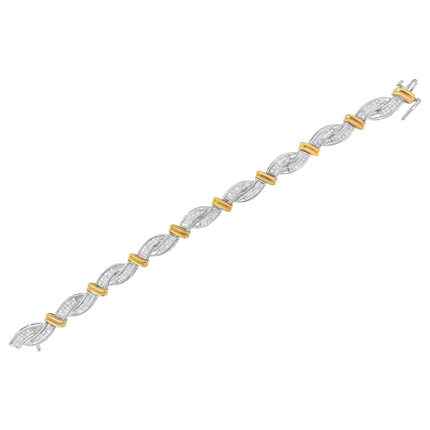 Bracelet with alternating twisted links featuring white gemstones in a hidden setting and smooth yellow bands, shown flat at an angled top view.