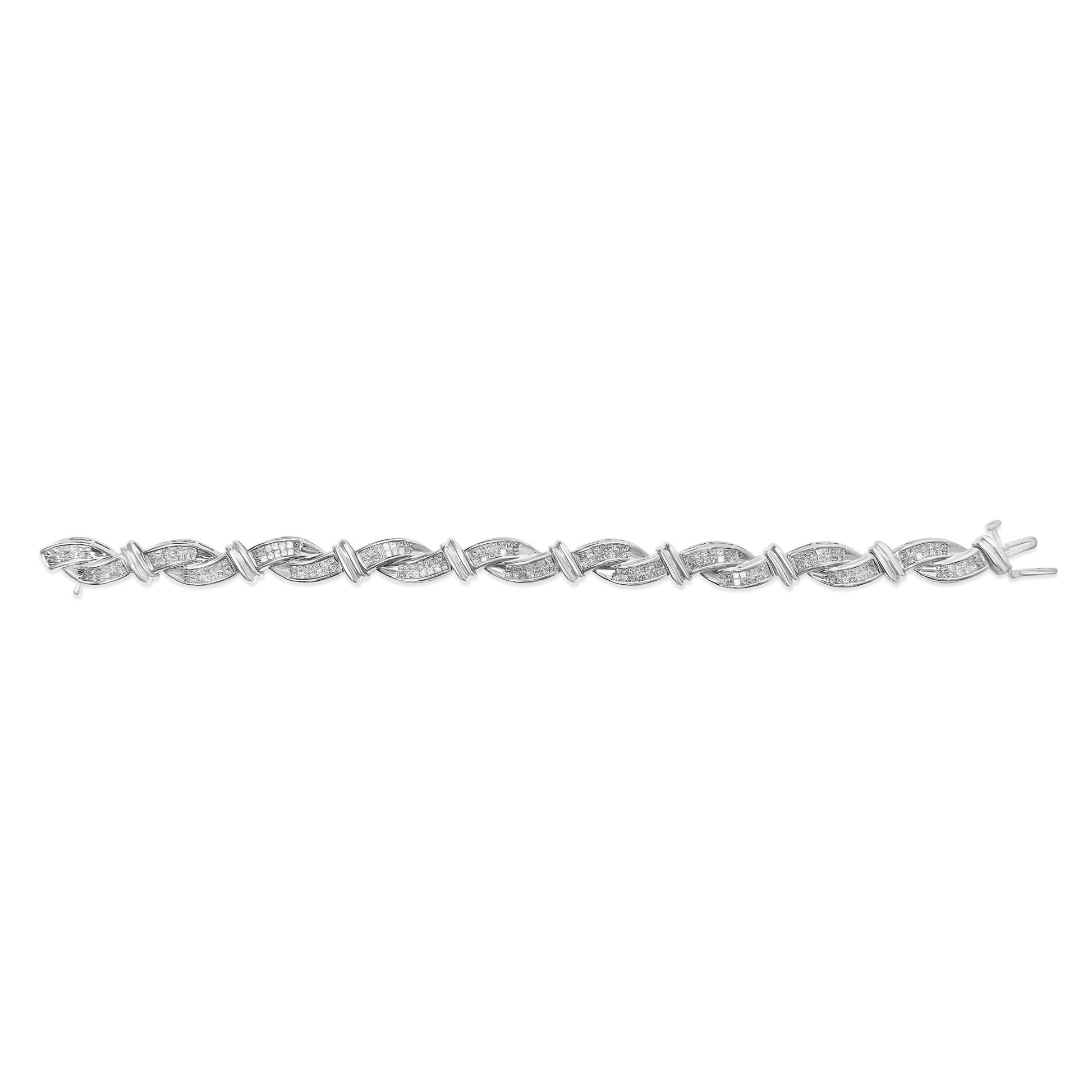 White metal bracelet with an alternating infinity-shaped link design set with small white gemstones, shown from a top-down angle on a white background.