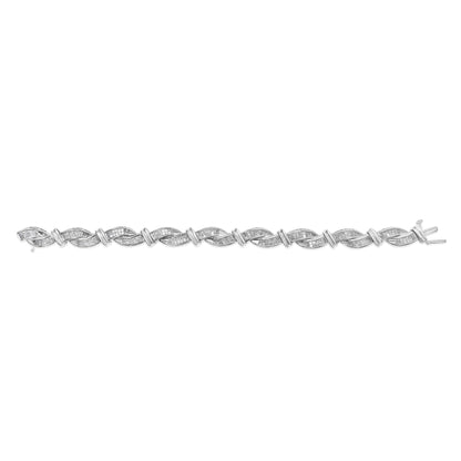 White metal bracelet with an alternating infinity-shaped link design set with small white gemstones, shown from a top-down angle on a white background.