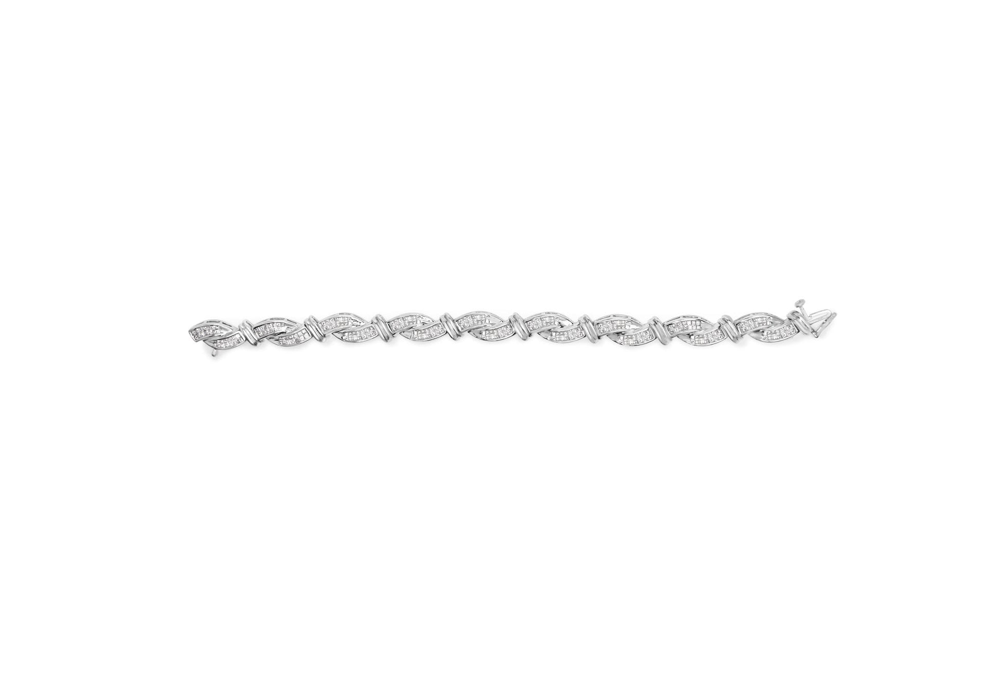 White metal bracelet with alternating marquise-shaped links set with multiple small white gemstones, shown from a top flat angle.