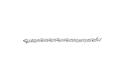 White metal bracelet with alternating marquise-shaped links set with multiple small white gemstones, shown from a top flat angle.