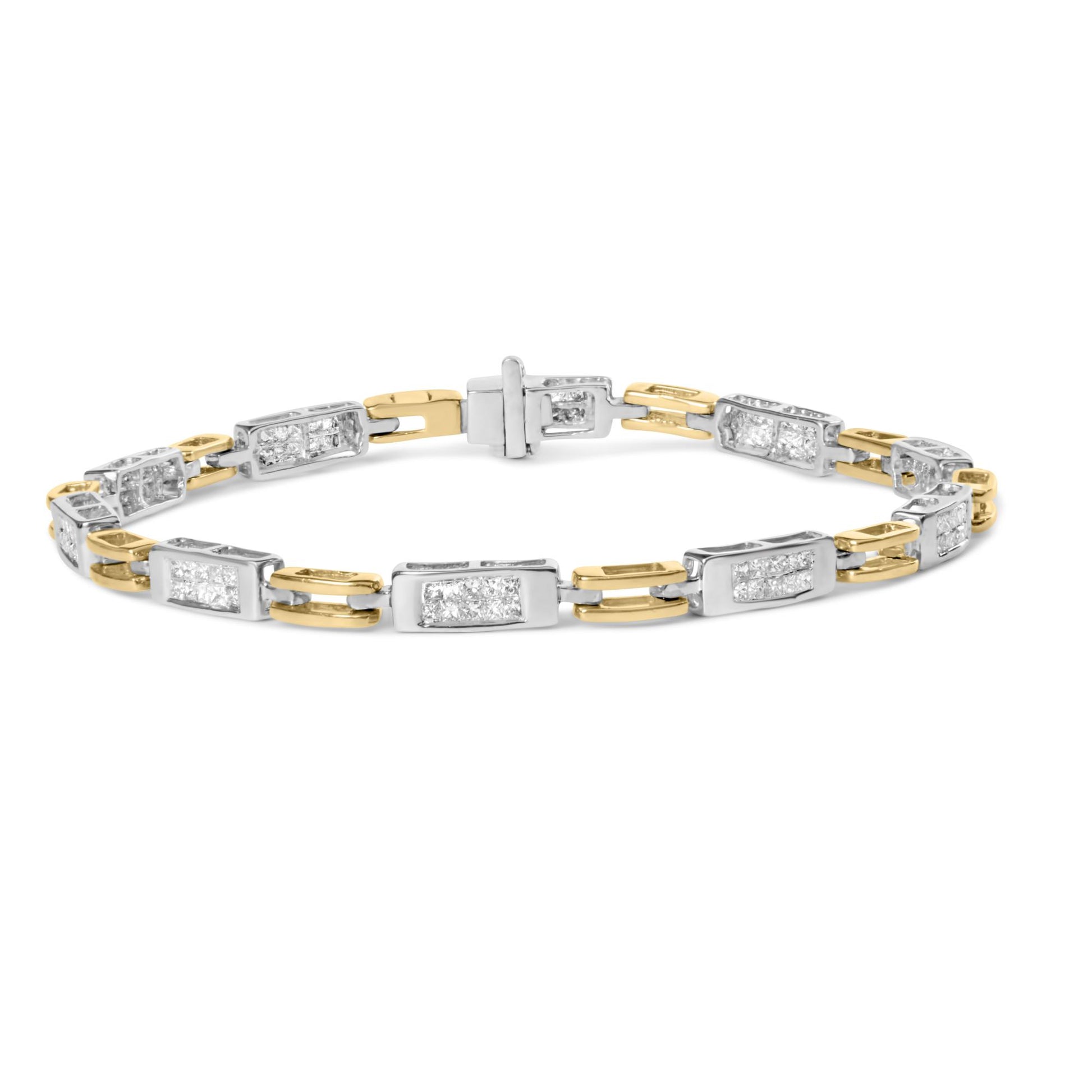 Two-toned bracelet with rectangular links featuring clusters of white gemstones in invisible settings, shown in a close-up angled top view.